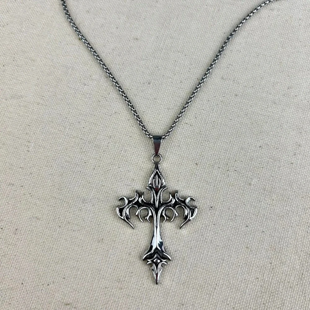 Vintage Y2K silver cross opium cyber punk style necklace emo goth